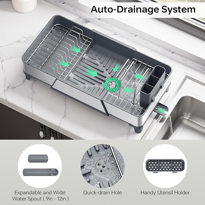 Urackify Large Dish Drying Rack - Triple Expandable Dish Rack for Kitchen Counter, Stainless Steel Sink Organization and Storage Essentials with Utensil & Pans Holder for Home and Appartment, Gray