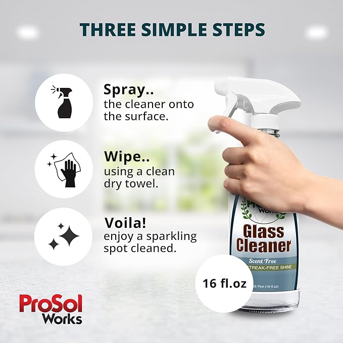 ProSol Works Glass Cleaner 16 oz - All Purpose Cleaning Spray for Glass Doors & Windows, Mirrors & Chrome Surfaces - Glasses Spray Helps Remove Smudges, Fingerprints, Rain Spots & Oil - Glass Cleaners