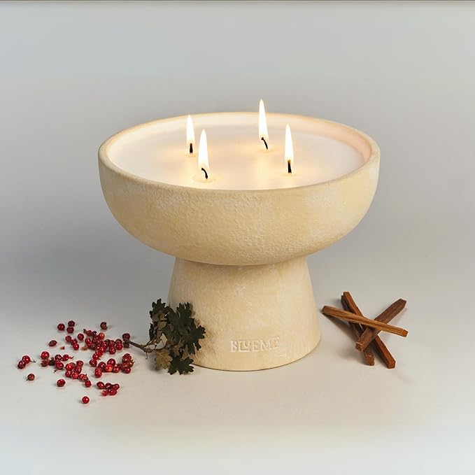 Blueme Romance Candle | Oakmoss & Sandalwood | 4 Wick - Refillable Wellness Candle with Essential Oils, Hand Finished & Poured Soy Wax Blend Ceramic Vessel, Natural Cotton Wicks | Large 24 oz