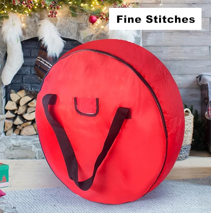 TQS 25" Christmas Wreath Storage Bag - Heavy Duty Reinforced Wide Handle and Double Sleek Zipper - Protect Your Christmas Garland Party Decorations - Red
