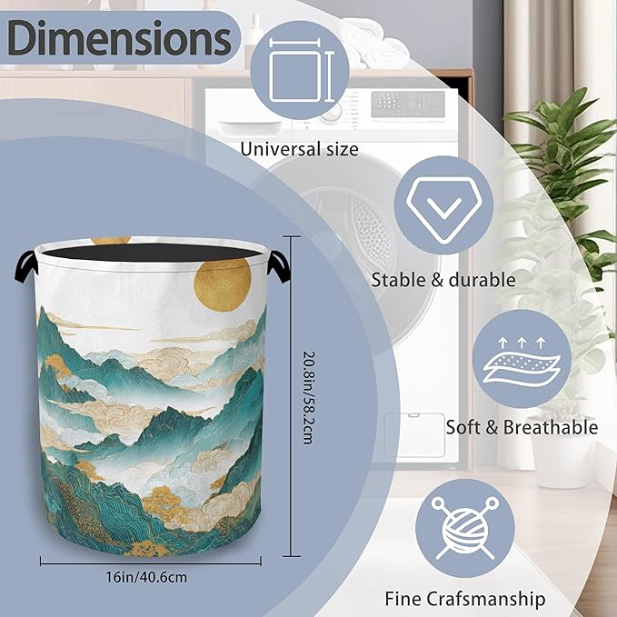 Abstract Mountains Laundry Basket,Golden Sun Foldable with Handles Tote Bag Oxford Cloth for Bathroom Bedroom Dirty Clothes Storage Bucket 16" x 20.8"