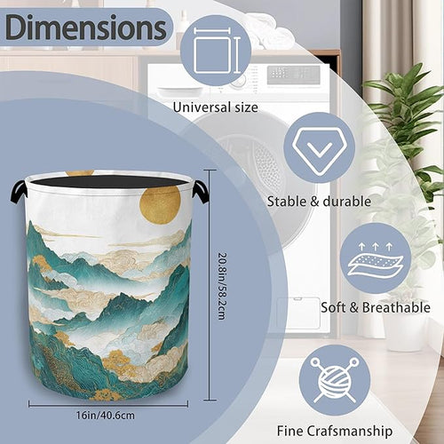 Abstract Mountains Laundry Basket,Golden Sun Foldable with Handles Tote Bag Oxford Cloth for Bathroom Bedroom Dirty Clothes Storage Bucket 16" x 20.8"