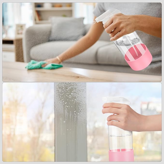 Worldgsb 2 Pack Glass Spray Bottles with Silicone Sleeve, 16 oz Empty Refillable Containers with Adjustable Spray Nozzles, Spray Bottles for Hair, Cleaning Solutions and Plants Pink