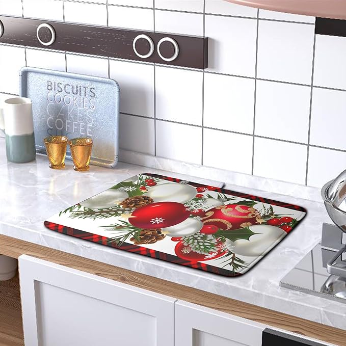 Kwlegh Red Buffalo Plaid Christmas Kitchen Drying Mats for Dishes Xmas Ball Snowflake Pine Cones Dish Drainer Rack Mat Winter Microfibe Absorbent Dish Drying Pad for Home Kitchen Counter Decor 18x24in