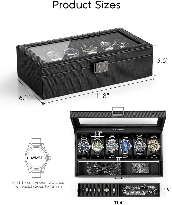 Vlando 6-Slot Watch Case for Men, Watch Box with Glass Lid, Storage for Rings, Keys, Business Textured Leather Organizer Display Case, Soft Pillow, Gifts for Fathers, Dad, Husband - Black