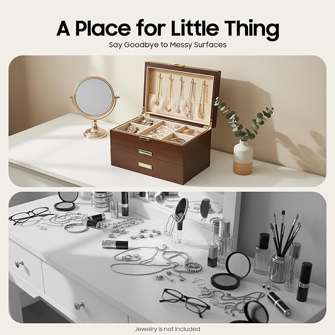 Wooden Jewelry Box for Women, 3 Layers Large Wooden Jewelry Organizer Box Watches Necklace Ring Storage Box for Women (Walnut 3 Layer)