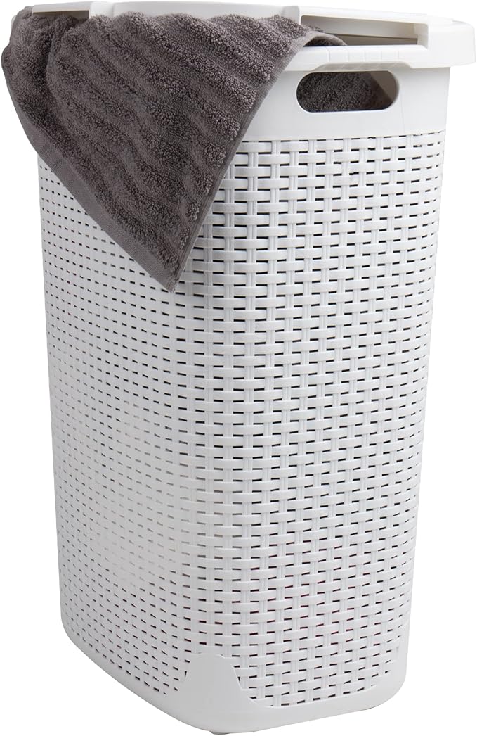 Mind Reader Slim Laundry Hamper with Lid, 60L Clothes Baskets, Premium Wicker Design, Plastic, 2-Pack, White