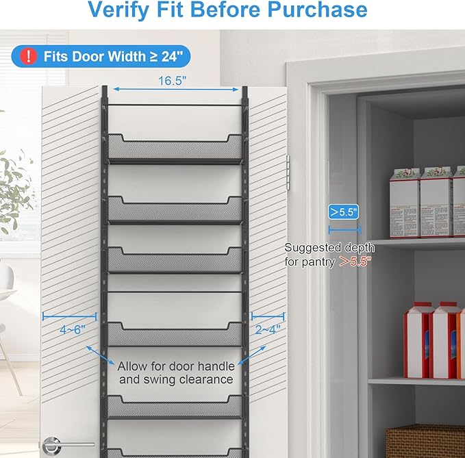 VyGrow Over the Door Pantry Organizer, 8-Tier Over the Door Organizer with Adjustable Basket, Pantry Door Organization for Pantry Kitchen Storage Room Spice Rack, Black