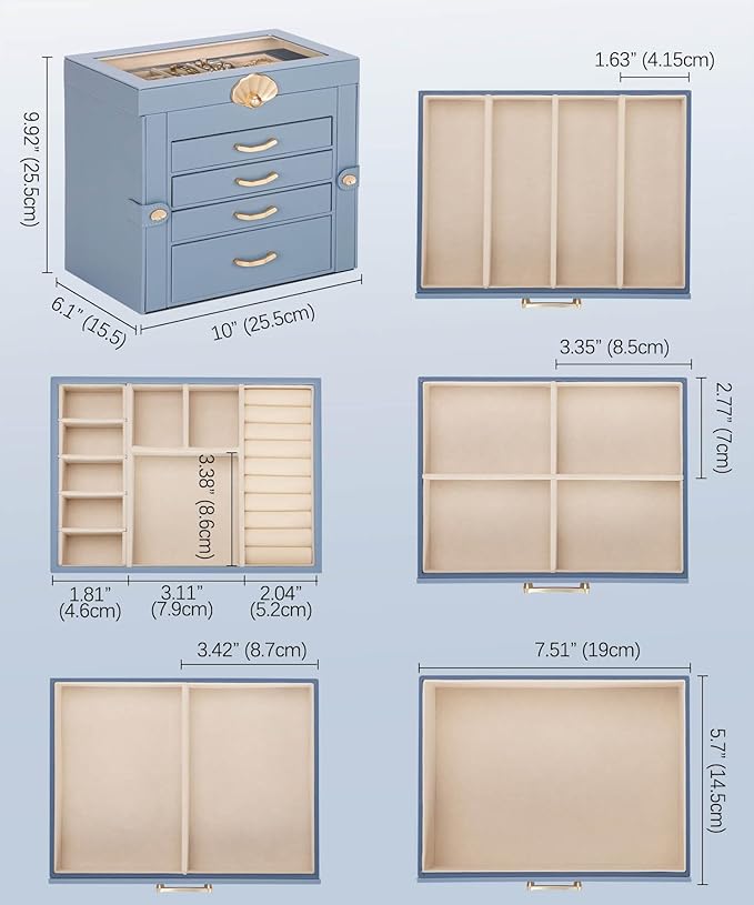 Jewelry Box with 4 Drawers: Display Organizer for Earrings Necklaces - Gifts for Girls Women (Grey Blue)