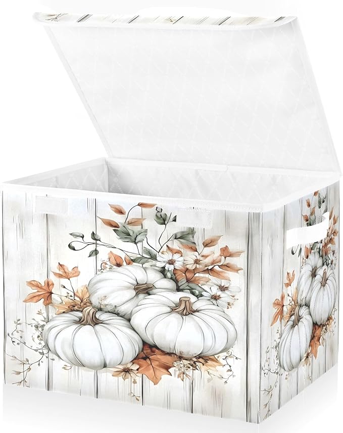 Bolaz Storage Bins with Lids and Handles,White Pumpkin Wood Storage Box Basket with Cover Collapsible Organizer Containers for Home Closet, Shelves