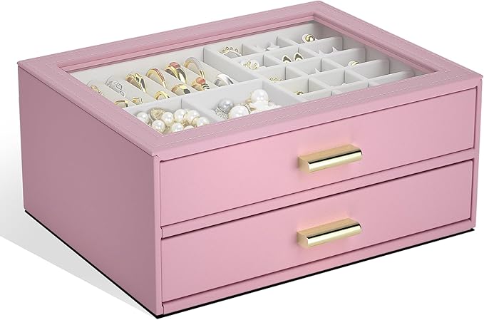 AKOZLIN Jewelry Box with Clear Lid Functional Leather Jewelry Storage Organizer Case 2 Drawers for Women Girls Necklace Ring Bracelet Earring