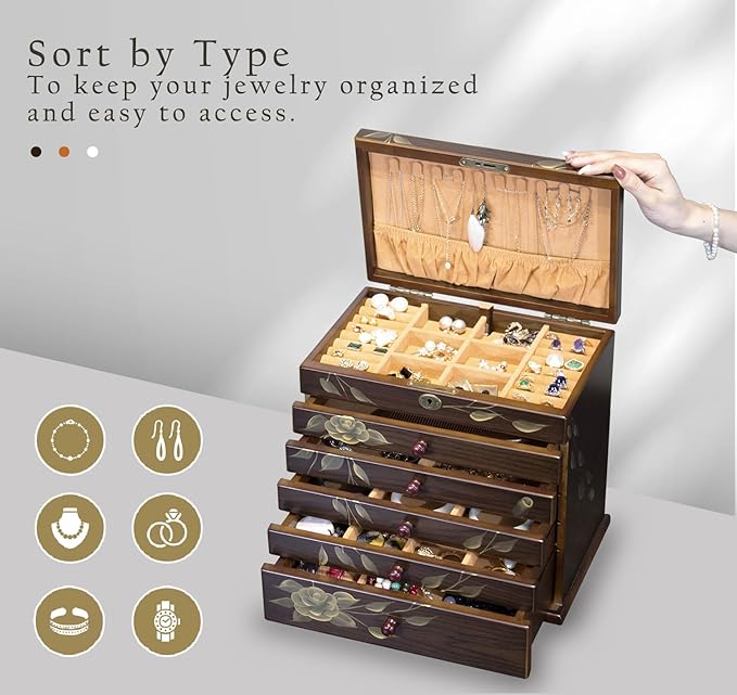 Hand-painted rose Wooden Jewelry Box, 7 Layer Jewelry Organizer, Vintage Wooden Jewelry Boxes for Women,jewelry holder organizer,5 drawer dresser,necklace organizer box with lock
