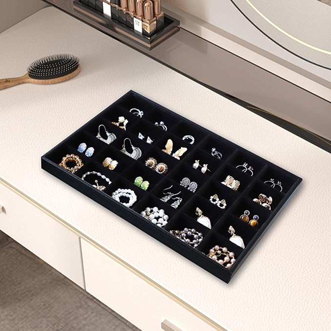 Wudygirl Jewelry Organizer 30 Grid Jewelry Tray with Lid Earring Holder Organizer for Women Ring Earring Bracelet Holder Storage (Pu Black)