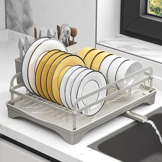 HOMEAILIE Dish Drying Rack,Dish Racks for Kitchen Counter,Metal Dish Drainer with Adjustable Drainage Spout,Removable Knife and Fork Holder (Grey)
