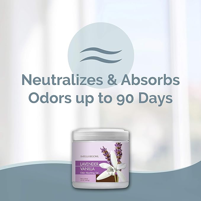 SMELLS BEGONE 15oz Gel Odor Eliminator - Absorb & Remove Tough Odors in Pet Areas, Bathrooms, Basements, Garage, Cars, RVs & Boats - Eliminate Odors Quickly (2-Pack, Lavender Vanilla)