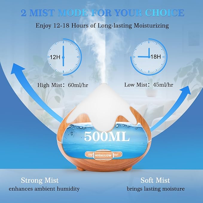 500ML Essential Oil Diffuser, Aromatherapy Diffuser with Remote Control, Multifunctional Air Diffusers for Home Office Room, Fragrance Aroma Diffuser with 7 Color LED & 2 Mist Mode, Light Brown