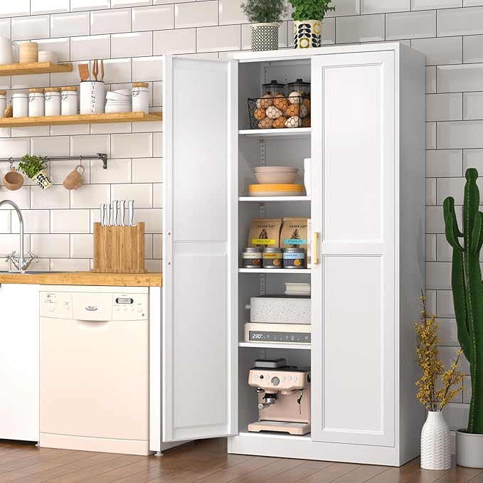 White Kitchen Pantry Cabinet, 71 Inch Tall Metal Storage Cabinet with Doors and Shelves, Pantry Cabinets for Kitchen Storage, Freestanding Cupboard for Living, Dining Room, Assemble Required