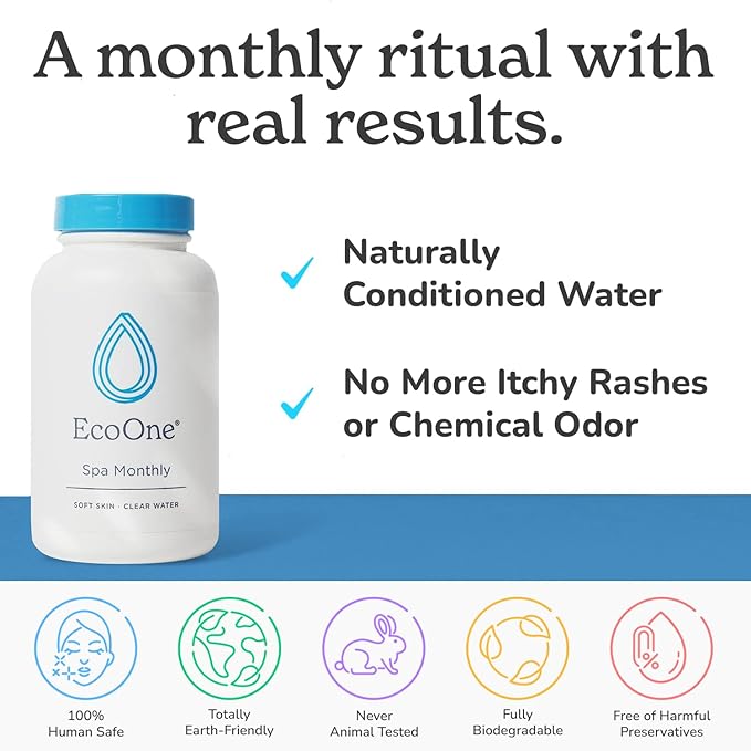 EcoOne Spa Monthly | Gentle All-Natural Spa Treatment | Conditioning Hot Tub, Pool, & Spa Cleaner | Above, In-Ground, or Inflatable Hot Tub Cleaner Stabilizes pH & Alkalinity, 8 Oz, (6-Pack)