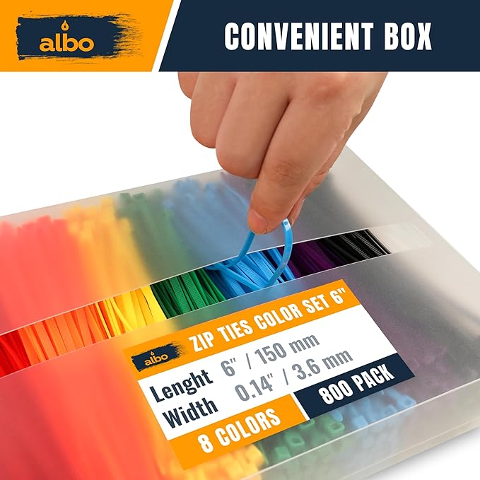 ALBO Multi Colored Zip Ties 6 Inch 800 Pack 40 lb Neon Fastening Straps Thick 0.14 Inch UV Resistant Nylon Craft Accessories Durable Flexible Multipurpose Wire Management Organizing