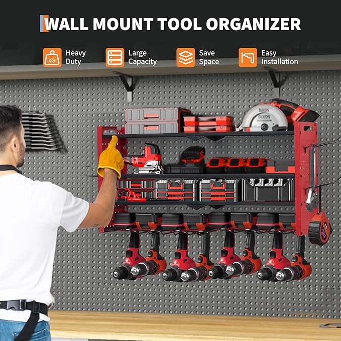Festisoul Heavy Duty Wall Mount Tool Organizer Rack, 4-Tier Metal Garage Storage with 8 Drill Slots & Hooks, 240 Lbs Capacity Power Tool Organizer for Workshop, Garage, Gift for Men