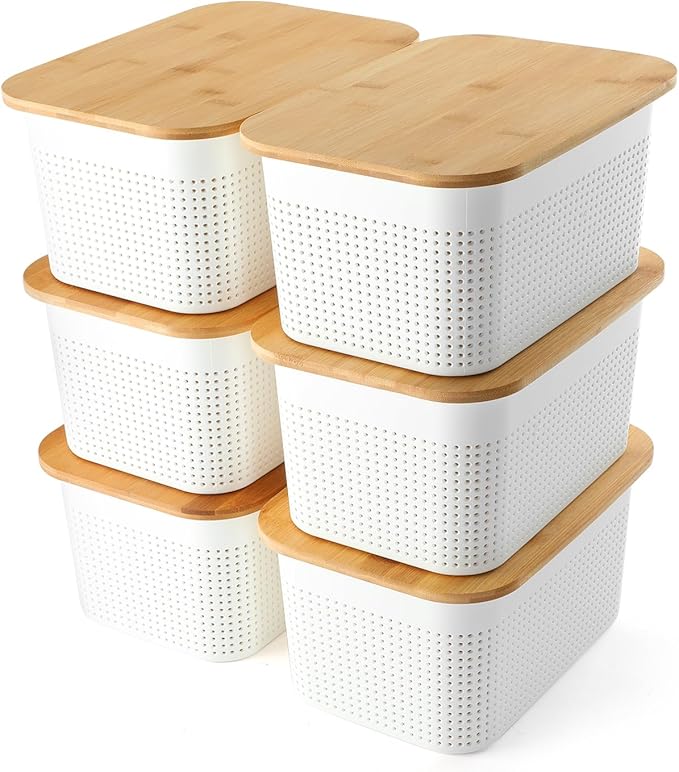 AREYZIN Plastic Storage Bins with Bamboo lids and Stackable Storage Baskets for Shelves - Organize Your Home or Office with These Space-Saving Storage Solution,6 Pack,White