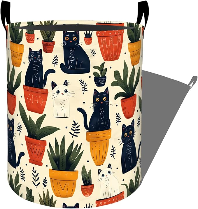Cute Black Cat with Potted Plants Laundry Basket with Handles, 19.7"x15.7" Clothes Foldable Laundry Hamper Organizer for Dorm Nursery Bedroom Bathroom Decor, Toy Storage Bin for Kids