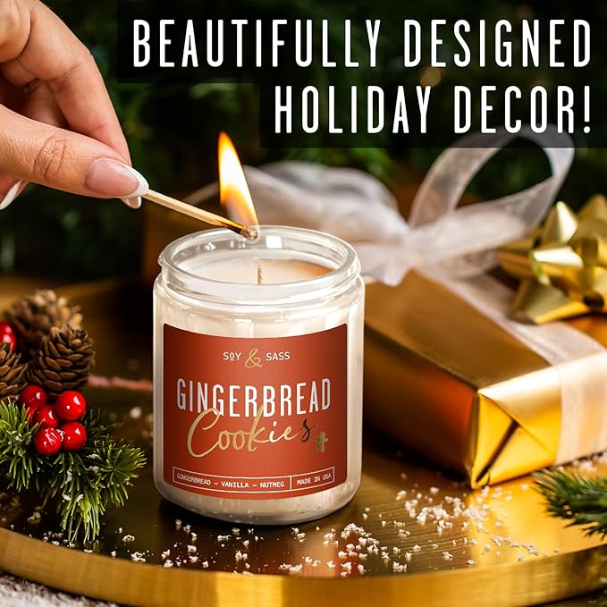 Gingerbread Candle, Christmas Candles Scented ? ?Gingerbread Cookies? Soy Candle, w/Gingerbread, Cinnamon & Vanilla - Infused with Essential Oils I 9oz, 50Hr, Made in USA
