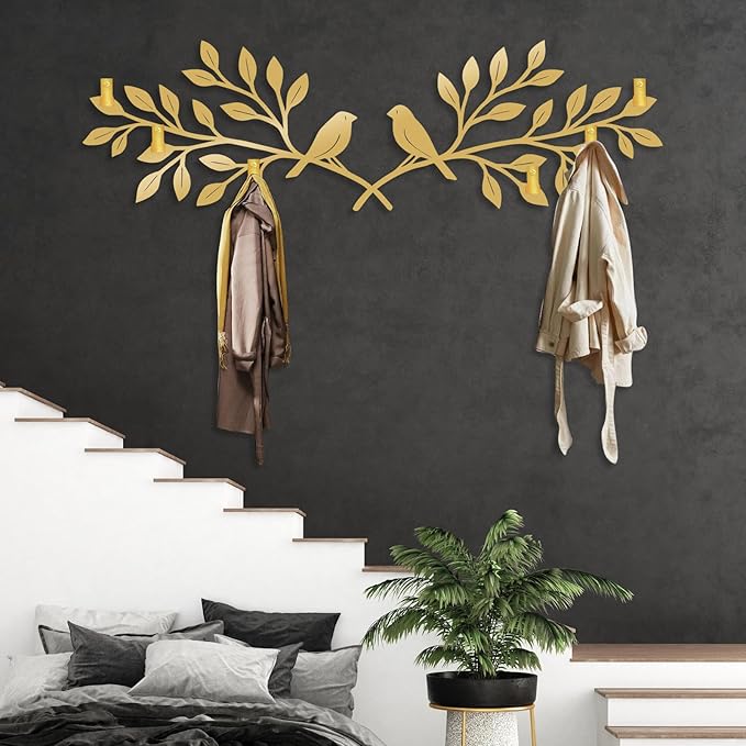 Bay Leaf Metal Coat Rack, Tree Branch and Birds Coat Rack, Bay Leaf Wall Hanging, Boho Wall Mount, Nature Room Decor, Home Storage Organization in Entryways (Silver, 14"x48"|36x121cm)
