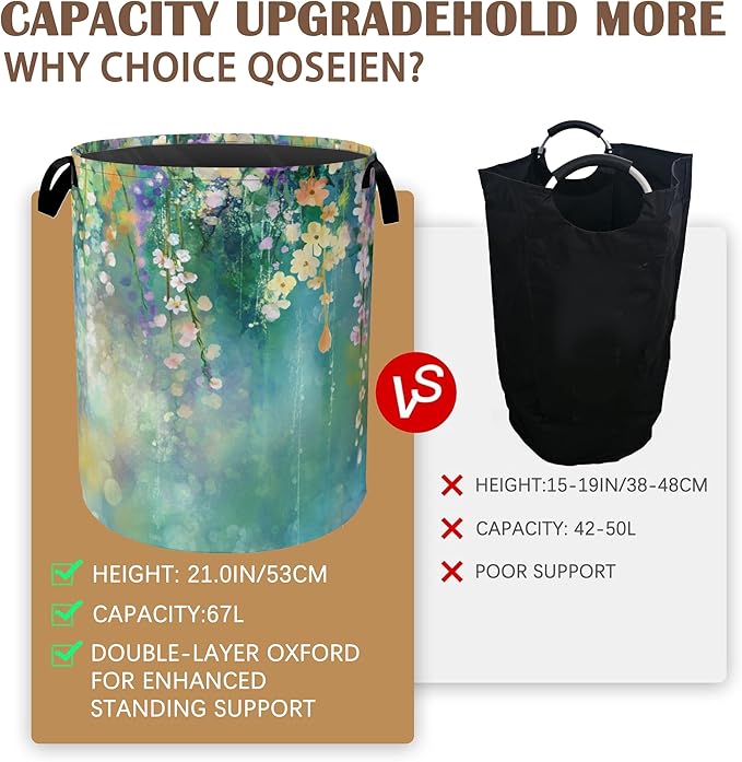 Abstract Flowers Laundry Basket,Spring Floral Collapsible Laundry Baskets with Handles,Waterproof Oxford Cloth Storage Basket 16"x20" for Bathroom/Bedroom/Dormitories