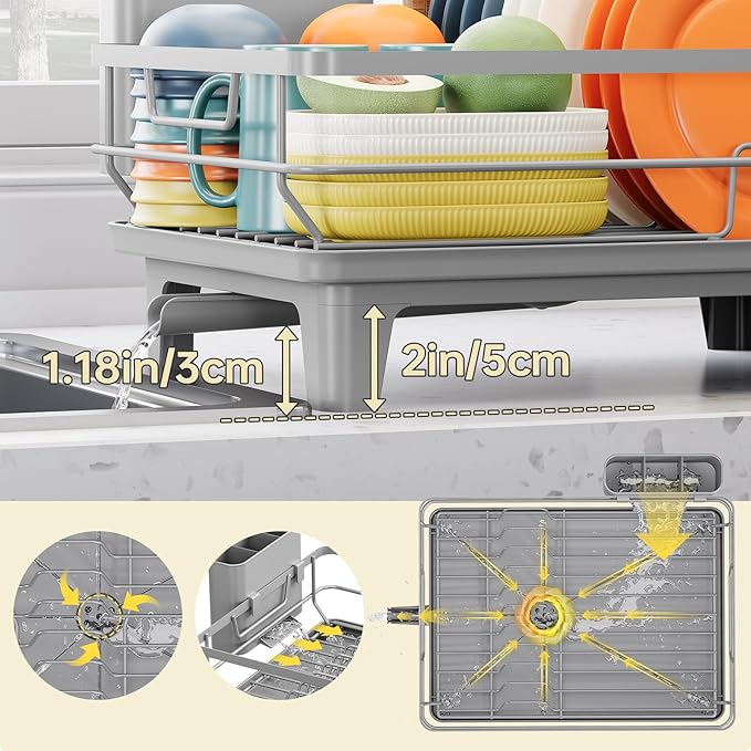 TOOLF Space-Saving Dish Drying Rack, Multifunctional Dish Rack for Kitchen Counter,Sink Dish Drainer Rack, Dishes Strainer with Drain Board & Cutlery Holder, Compact Dryer Rack,Gray