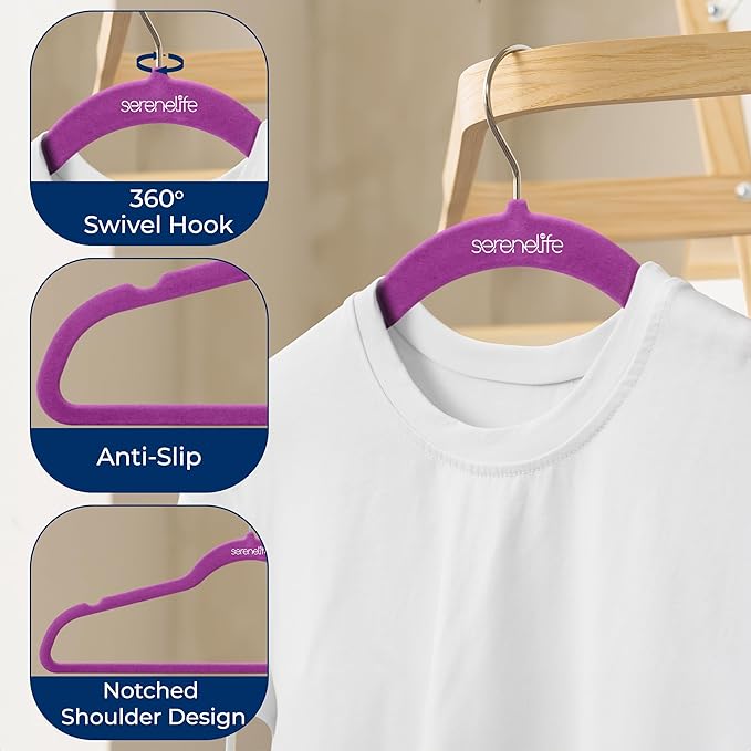 SereneLife 150 Pack Velvet Hangers - Non-Slip with 360° Swivel Hook - Ultra-Thin, Lightweight, Space-Saving, Felt Hangers for Shirts, Sweaters, Hoodies, Kids Clothes & Dresses