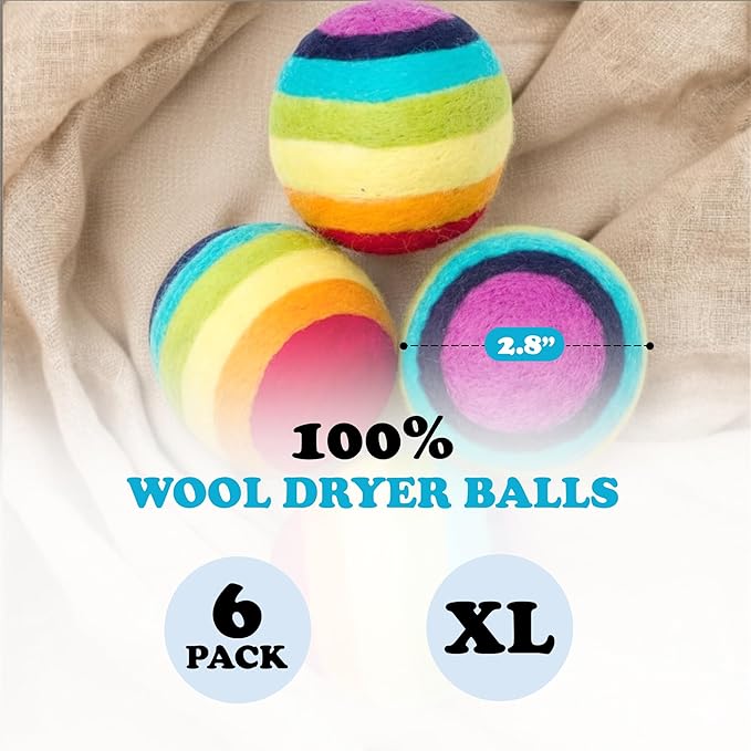 Wool Dryer Balls - Smart Sheep 6-Pack - XL Premium Natural Fabric Softener Award-Winning - Wool Balls Replaces Dryer Sheets - Wool Balls for Dryer - Laundry Balls for Dryer (Colorful World)