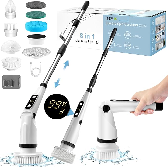 IEZFIX Electric Spin Scrubber, Bathroom Power Shower Scrubber Cleaning Brush for Tub/Tile/Floor/Toilet/Kitchen, 8 Cleaner Scrub Brush Heads, 3 Speeds 450RPM Max, Telescopic Rod Black