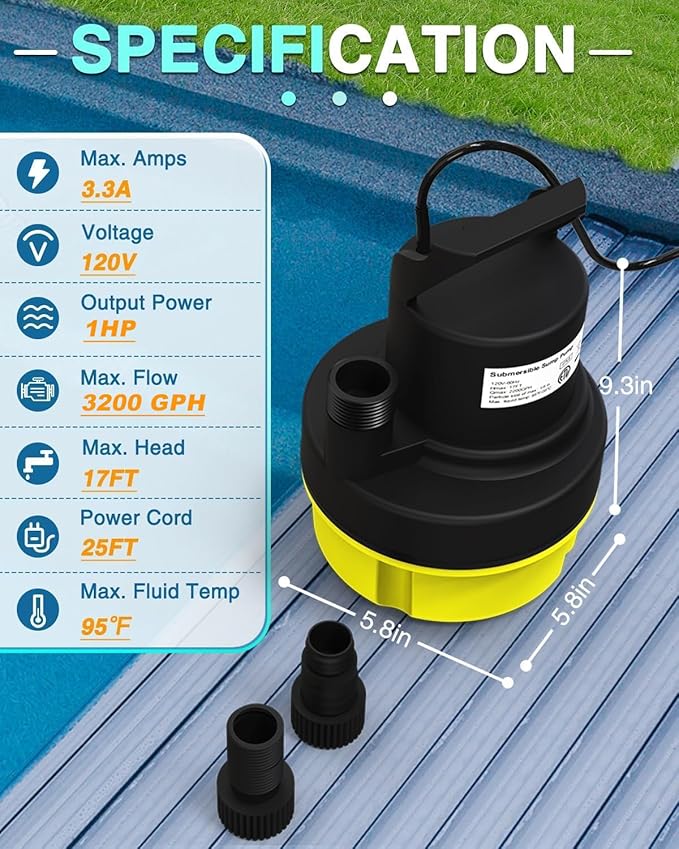 Submersible Sump Pump, 1HP 3200GPH Portable Water Pump Clean Dirty Water, Utility Pump with 25 FT Cord for Swimming Pool, Boats, Garden, Basement, Flood, Ponds