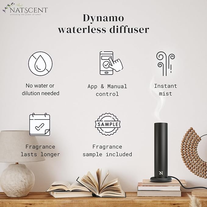Dynamo Essential Oil Diffuser with Fresh Blue Essential Oil, Bundle of Smart Waterless Diffuser & Essential Oils for Diffusers for Home, Office, Spa – Black