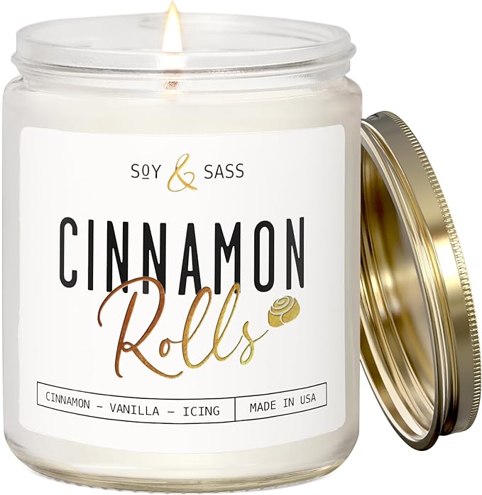 Cinnamon Candle, Fall Candles, Christmas Candles - 'Cinnamon Rolls' Autumn Scented Soy Candle for Home, 9oz Reusable Jar, 50Hr Burn, Made in USA
