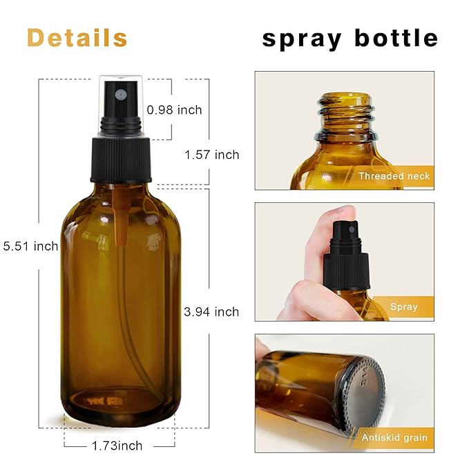 Amber Glass Spray Bottles 4oz,Small Empty Glass Spray Bottle Fine Mist Spray Refillable Containers,Mini Travel Spray Bottles set of 4,Included 6 Sprinkler,2 Funnels,1 Droppers,8 Labels