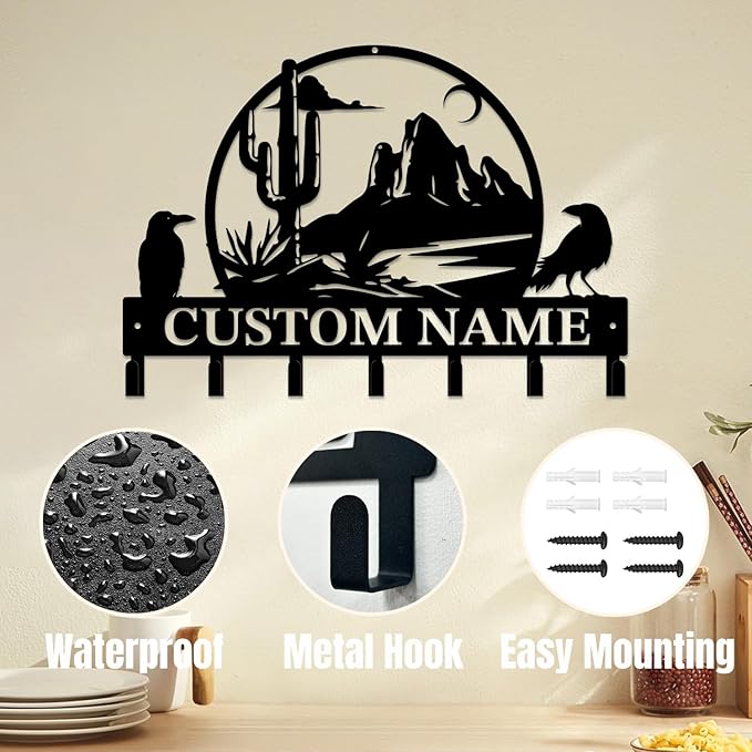 Personalized Custom Name Cactus Wall Keys Hooks,Metal Cactus Art Clothes Hooks,Metal Cactus Lover Wall Home Storage Decorative,For Front Door, Hallway, Kitchen, Bedroom,Keys,Hats (Style G)