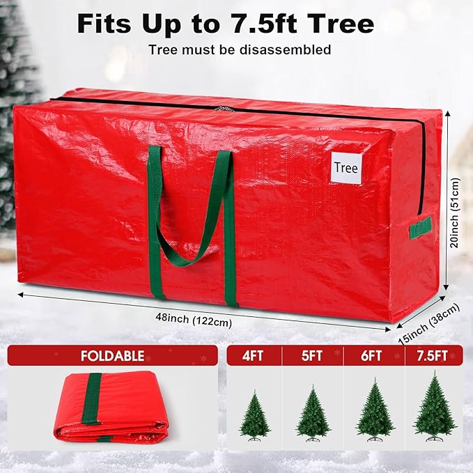 Christmas Tree Storage Bag, Christmas Tree Bag Fits Up to 7.5 Ft Artificial Xmas Trees, Heavy Duty Material, Waterproof & Dual Zippers Christmas Tree Box for Trees, Decorations (Red)