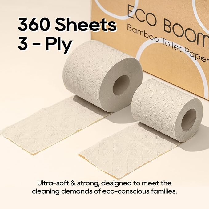ECO BOOM Unbleached Bamboo Toilet Paper, 100% Tree-Free & Plastic-Free, 3-Ply Strong, FSC Certified, Unscented, 9 Rolls, 360 Sheets | PFAS Free, BPA Free & Septic Safe
