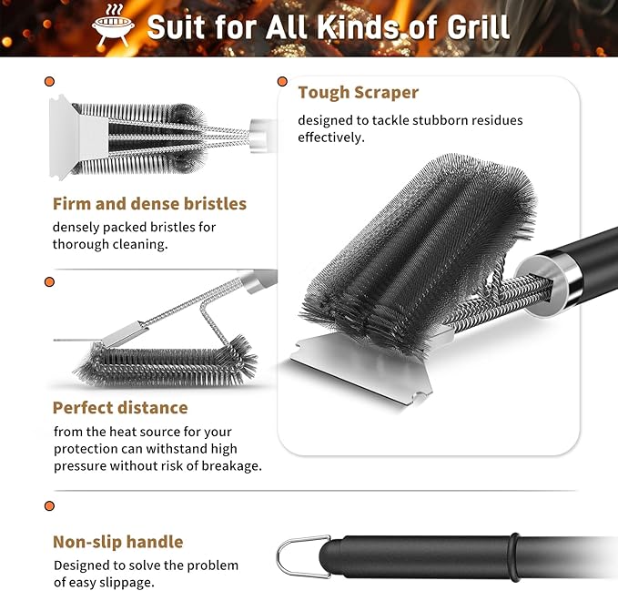 TNTOR Grill Brush with Scraper, 18" Adjustable Handle BBQ Grill Brush for Outdoor Grill, Extra Strong Grill Cleaner Accessories for Grill/Smoker/Gas/Charcoal Grill Cleaning-Grill Gifts for Men/Dad