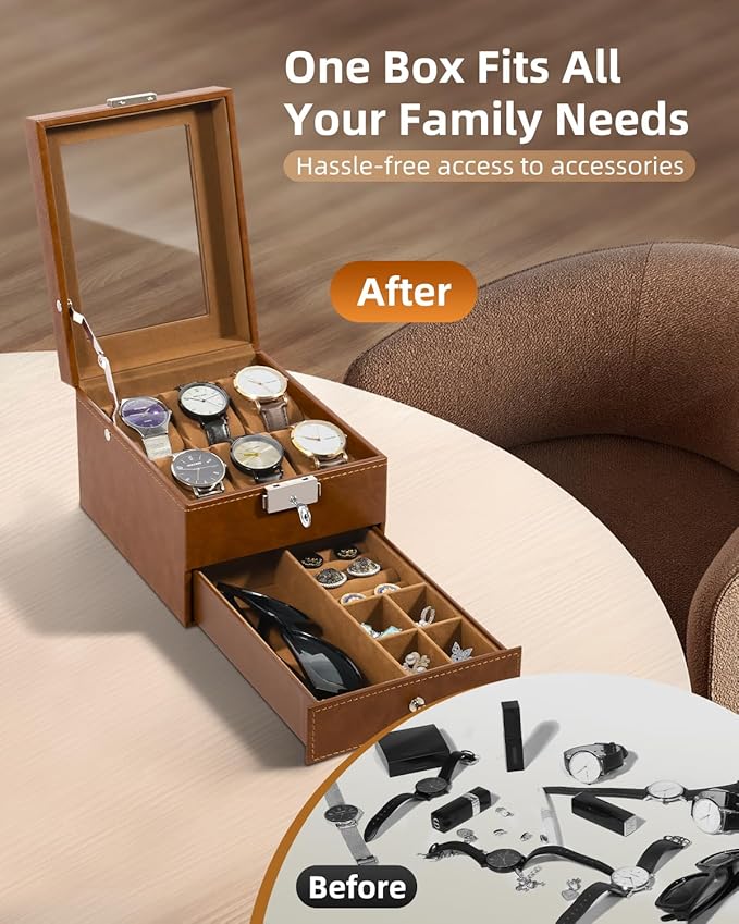 Uten 6-Slot Watch Box, 2-Layers PU Leather Watch Case with Glass Lid, Watch Holder Organizer with Soft Pillow and Velvet Lining, Watch and Jewelry Storage Box, Brown