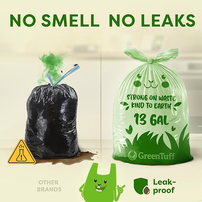 13 Gallon Compostable Trash Bags (40 Count) — Leakproof Plant-based Thick (1.1 Mil) Tall Kitchen Garbage Bags — ASTM D6400 BPI Certified — Heavy-Duty Large Food Scrap Liner Bag with Handle-Tie