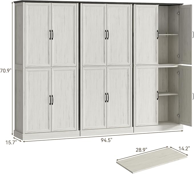 71'' Tall Pantry Cabinet Set of 3, Farmhouse Kitchen Pantry Storage Cabinet with Barn Door and Adjustable Shelves, Rustic White Wood Freestanding Cupboard for Kitchen, Dining Room