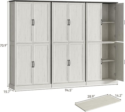 71'' Tall Pantry Cabinet Set of 3, Farmhouse Kitchen Pantry Storage Cabinet with Barn Door and Adjustable Shelves, Rustic White Wood Freestanding Cupboard for Kitchen, Dining Room