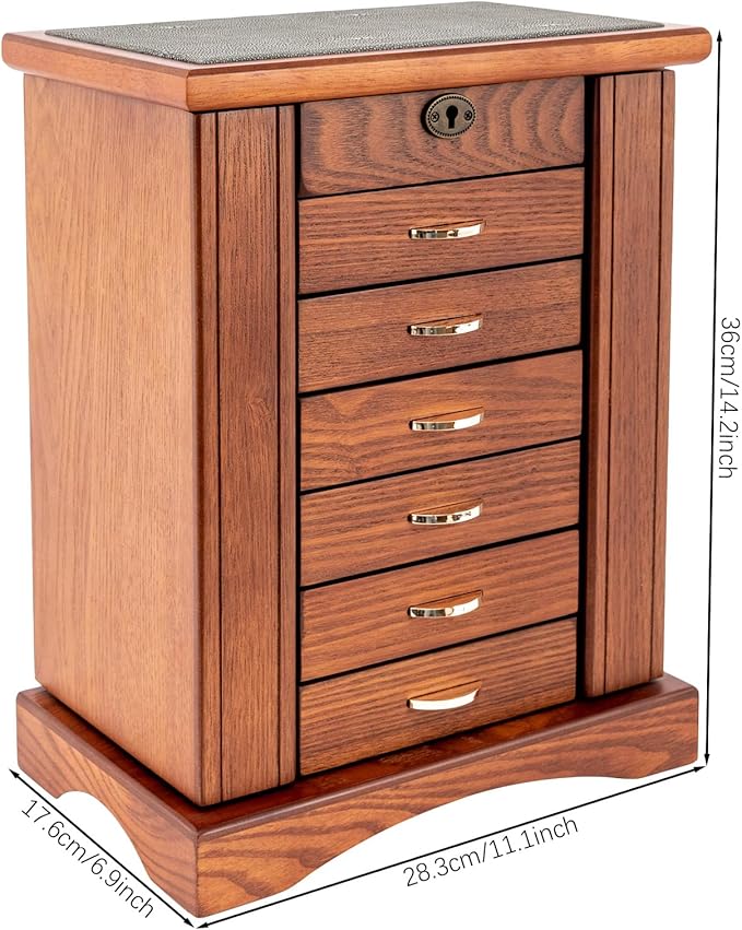 Retro Jewelry Box 7-Tier Large Jewelry Organizer with 6 Drawers and 2 Side Doors Women Girls Storage Case for Necklace Rings Earrings Accessories, with Mirror and Lock,11.1x6.9x14.2in,MDF (Brown)