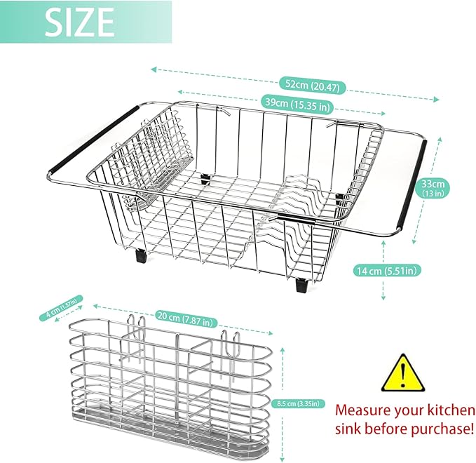 BTLATHA Sink Dish Drainer Rack, Expandable 304 Stainless Steel Dish Drying Rack Organizer with Stainless Steel Utensil Rack, Adjustable 15.35" to 20.47" Inside The Sink (up to 13 Upright Utensils).