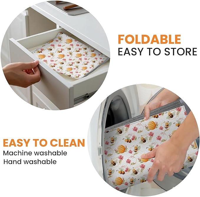 Dish Drying Mat For Kitchen Counter, Cute Bee Honeycomb Microfiber Absorbent Dish Drainer Rack Pad Reusable Large 18x24in Drying Mat