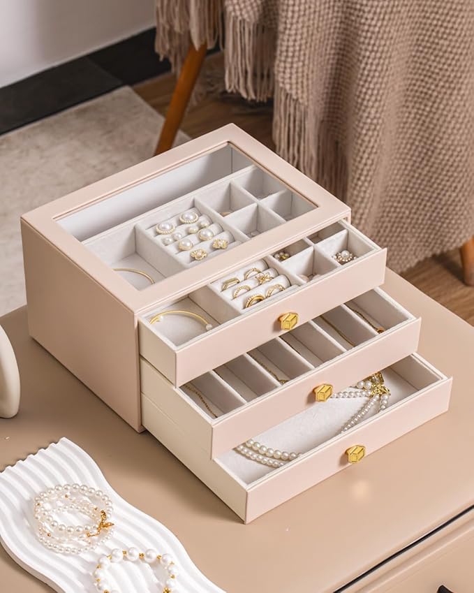 CASEGRACE Jewelry Box for Women with Glass Lid - Leather Jewelry Storage Organizer 3 Drawers for Necklaces, Rings, Earrings & Bracelets, Ideal Gift (Pink, 3 Layer)