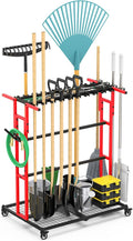 CCCEI Garage Organization with Wheels, Outdoor Gargen Yard Shed Tools Organizer Cart, Home Storage for Cleaning Supplies, Broom Holder, for Shovel and Rake, Long Farming and Farming Tools, Red.